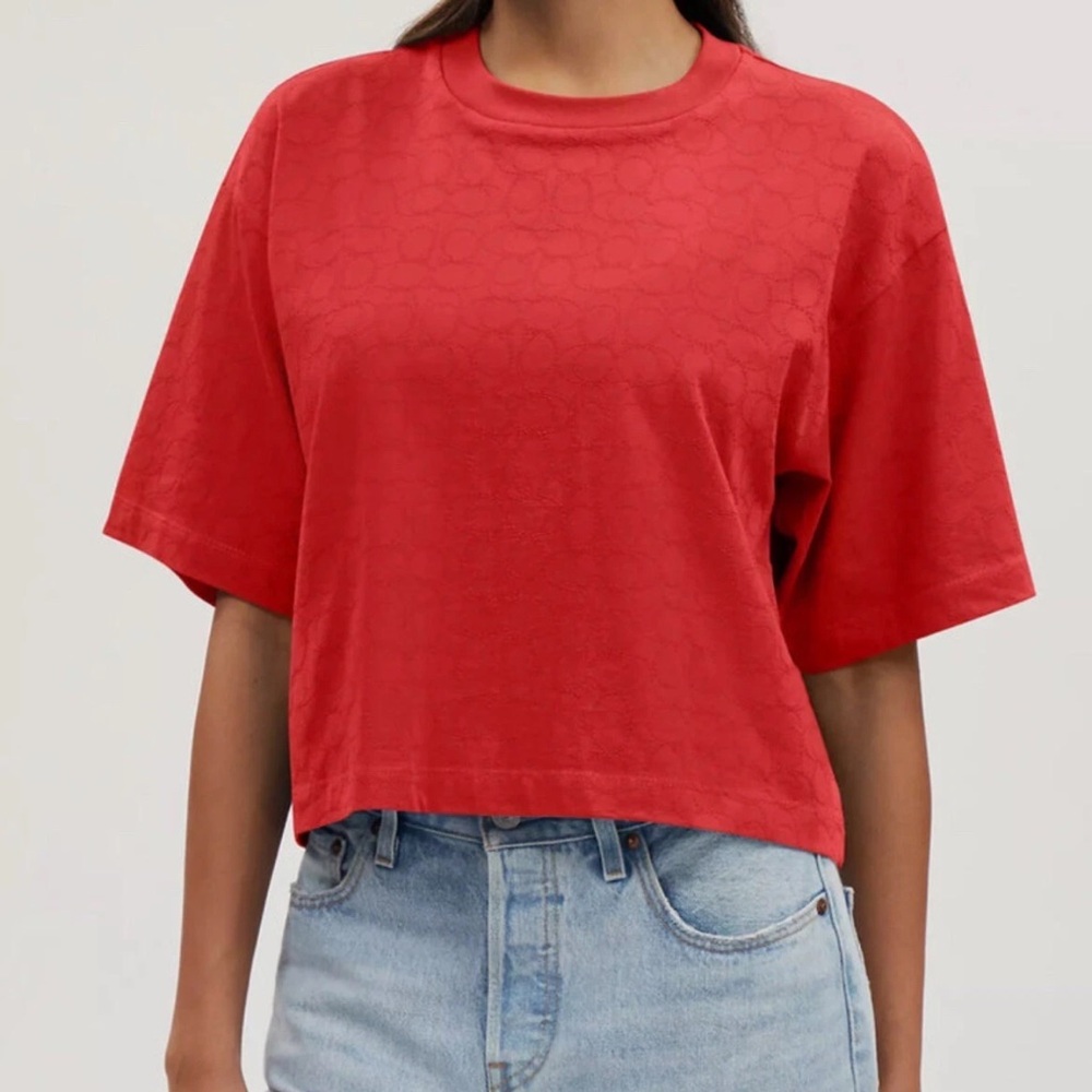 Coach Red Short Sleeve Logo Jacquard Tee - Picture 2 of 10